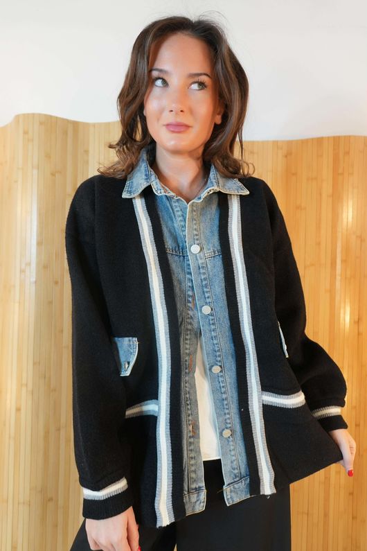 Greenwich Village Knit Bomber Jacket Black Blue Denim /11=